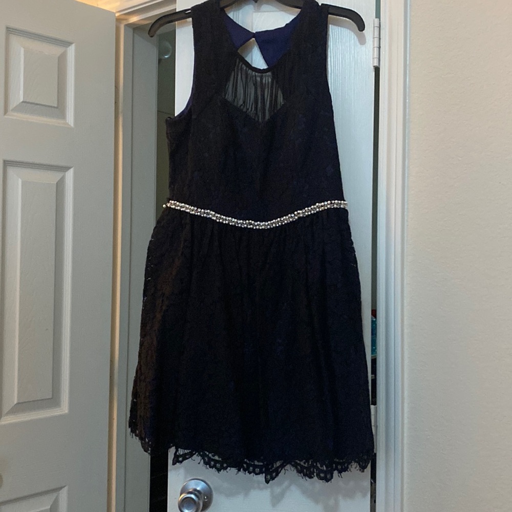 Jodi Kristopher Jr. Plus Size 15 black lace over blue satin dress.